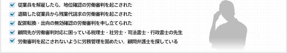 ・従業員を解雇したら，地位確認の労働審判を起こされた・退職した従業員から残業代請求の労働審判を起こされた・配置転換・出向の無効確認の労働審判を申し立てられた・顧問先が労働審判対応に困っている税理士・社労士・司法書士・行政書士の先生・労働審判を起こされないように労務管理を固めたい。顧問弁護士を探している